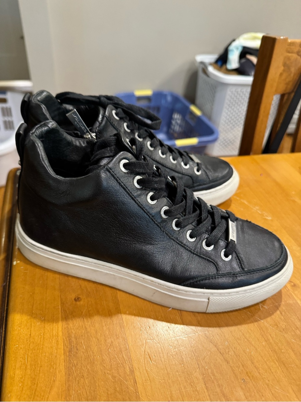 J Slides Black Leather High-Top Sneakers with White Soles